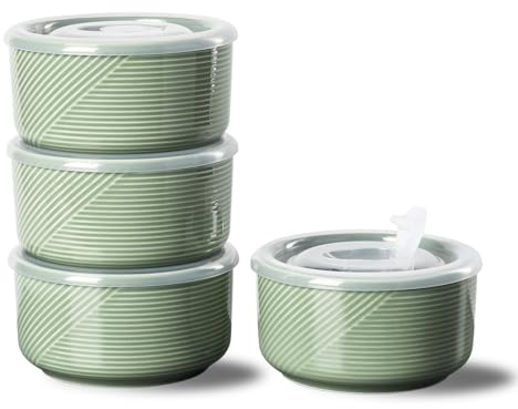 Adewnest Keramisk skål med lock: 13 cm porslinsskålar set med lock för lunch, picknick - mikrovågsugnssäkra serveringsskålar set med 4, 20 oz - sallad, soppa, matbehållare - måltidsförberedelseskålar (grön)