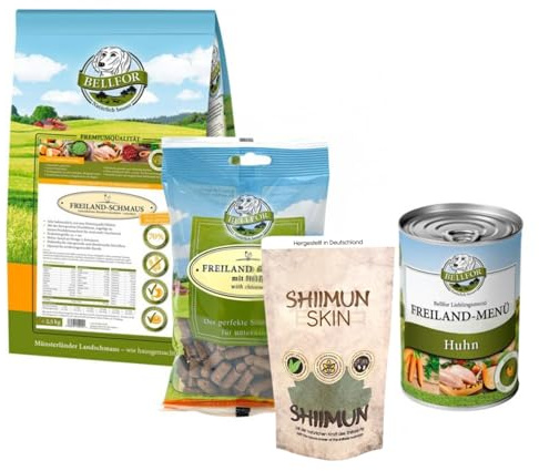 Bellfor Futterset für Pudel – Getreidefreies Nassfutter 400 g, Trockenfutter mit Huhn 2,5 kg, Soft-Snacks 200 g & Ergänzungsfuttermittel mit Shiitake – Shiimun Skin Pulver 50 g