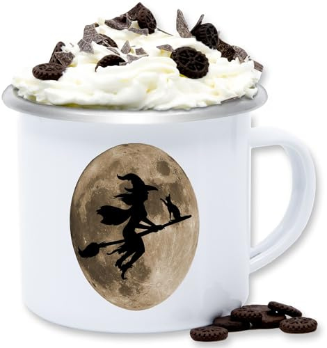 Emaille Tasse Blechtasse - Tassen - Hexe Halloween Hexen auf Besen Vollmond Katze Witch Mond - 300 ml - Weiß Silber - kaffee haloween outfits fliegende becher hellowee bild gruselig helloween