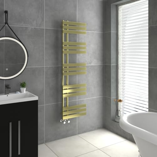 Warmehaus Heated Towel Rail D Shape Warmer Brushed Brass 1600x450mm | Bathroom Ladder Style Radiator, Central Heating, for Bathroom Kitchen Living Room, Wall Mounted, Mild Steel