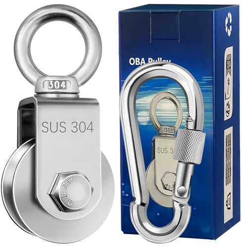 OBA Umlenkrolle mit Kugellager Karabiner, Seilrolle Fitness Edelstahl 304 Flaschenzug für Seile Stahlseil, Tragkraft 200kg