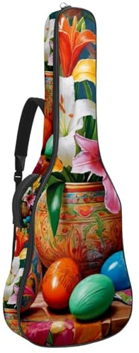 Universal-Gitarrentasche, wasserdichte Tasche für 40/41/42 Zoll Akustikgitarre mit Aufbewahrungstaschen, bunte Osterlilien, Eier, mehrfarbig, 42.9x16.9x4.7 in, Gitarrentasche