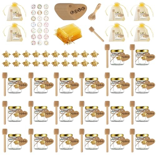 UCAMP Mini Vasetti Esagonali in Vetro per Miele (20 Pezzi) - 45ml Con Coperchio Dorato, Mestolo in Legno, Ciondolo A Forma Di Ape - Barattoli per Marmellata