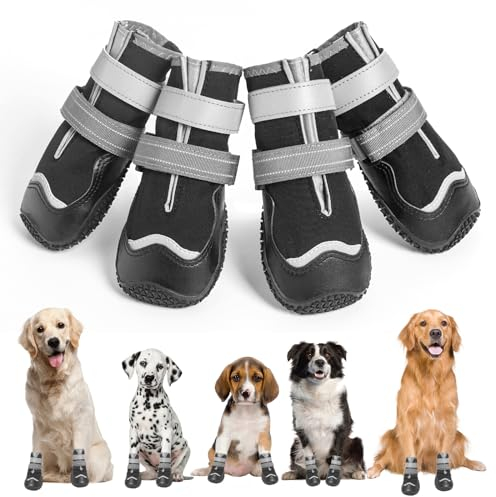 Ohcozzy Wasserdicht Hundeschuhe, Anti-Rutsch Hundestiefel mit reflektierenden Riemen, Verschleißfeste Gummisohle Hundeschuhe Pfotenschutz fürkleine, Mittlere und Große Hunde 4 Stück(L, Schwarz)