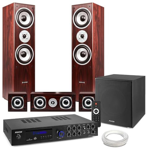 Fenton HF5W Walnut 5.1 Surround Sound System with AV550BT Amp - Premium Home Theatre System, Bluetooth Enabled, 12-inch Active Subwoofer, Versatile Home Cinema Sound System with Remote Control