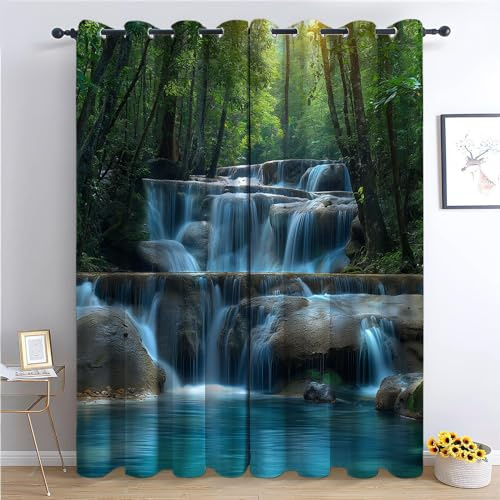 Blickdichte Gardinen Wald im Park der Liebenden in Thailand Verdunkelungsvorhang - Lichtundurchlässige Vorhang mit Ösen für Schlafzimmer Geräuschreduzierung Wasserfall und Felsen 160 x 70 cm, 2er Set