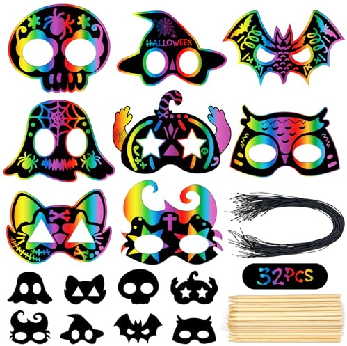 Leesgel Halloween - Carta da grattare per bambini, 32 pezzi, per maschere di Halloween, Scratch Art per fai da te, decorazione, travestimento e accessori di Halloween