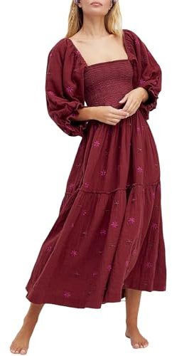 SANSIWU Women’s Flower Embroidered Maxi Dress Long Puff Sleeve Square Neck Bohemian Tiered Flowy Dress A Line Casual Beach Dress