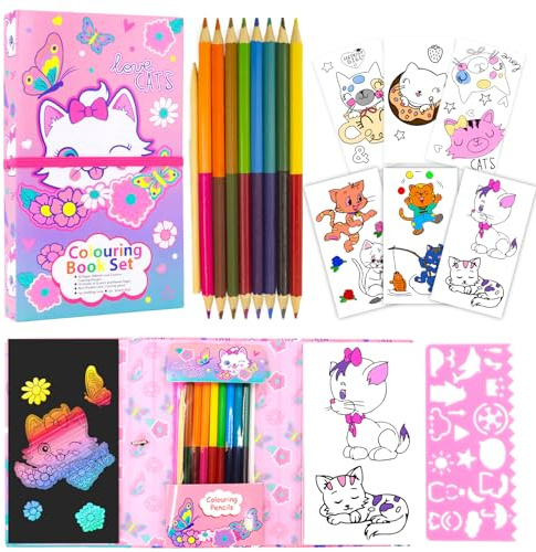Pinkgarden Kit di Blocchetti da Colorare per Gatti per Ragazze, Libro da Colorare con Gatti con 30 Pagine da Colorare 10 Fogli da Grattare Arcobaleno 16 Matite Colorate per Disegnare e Dipingere, Kit