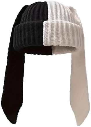 WUODHTW Strickmütze, niedlicher Hase, lange Ohren, lustige Mütze, flauschige Wintermütze, warm, Kaninchen, gehäkelt, Totenkopfmütze, Halloween, Hip-Hop-Mütze