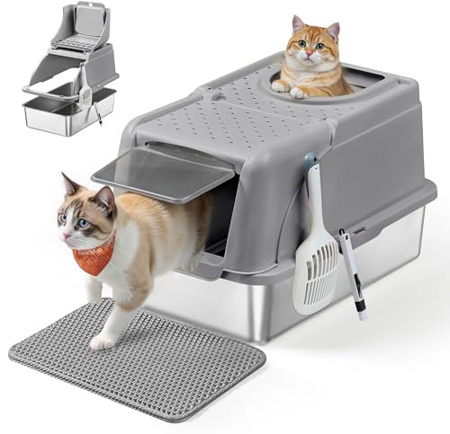 Feandrea Caja de Arena de Acero Inoxidable para Gatos con Tapa Abatible, Arenero XL, a Prueba de Fugas, Cuchara, Cepillo, Doble Entrada, Carga de Encimera de 15 kg, Gris Paloma PPT005G01