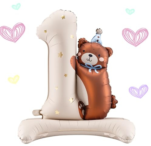 Ballon gonflable en forme de chiffre XXL avec pied - Crème avec étoiles dorées et ours marron - Autoportant - Pas besoin d'hélium - Réutilisable - Décoration parfaite pour le 1er anniversaire des