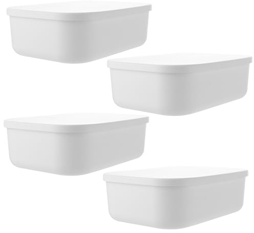 MIVIDE Cestas de almacenamiento de plástico con tapa, 25 x 18 x 8 cm, 4 unidades | Cajas de almacenamiento blancas con tapa y asa, caja de almacenamiento apilable para cocina, baño, oficina