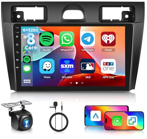6GB+128GB 8-Core Autoradio per Ford Fiesta 2006-2011 Android Autoradio Bluetooth GPS Navigatore, Hodozzy 9 Pollici Touchscreen 2 Din Radio CarPlay Wireless Android Auto, WiFi DSP, FM RDS Telecamera