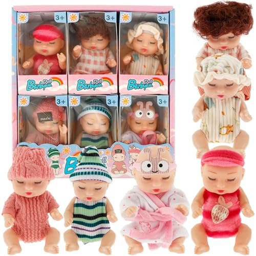 QINGLANG 6Pcs Mini Baby Dolls Realistic Miniature Reborn Dolls with Cute Clothes 4.3inch Tiny Washable Sleeping Silicone Baby Doll Reborn Cute Doll for Girls, Toddlers and Kids(Style 1)