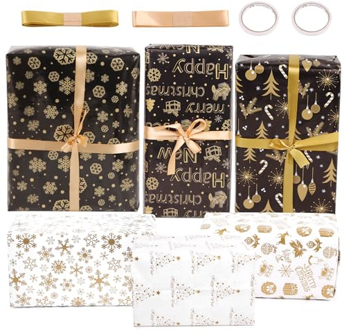 LOMIMOS 70 x 50 cm Carta da Regalo Natalizia,6 Fogli Dorata e Bianca con Fiocchi di Neve 2 Rotoli di Nastro 1 Rotolo Double Face per Confezione Regalo