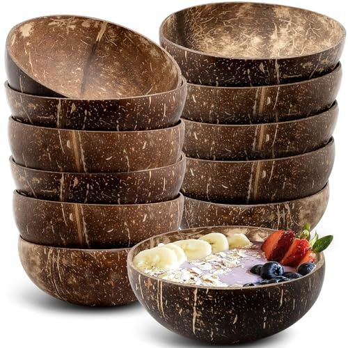 YFNVH Lot de 12 Bols en Coquille de Noix de Coco Naturelle 450 ml, Bols en Bois Polished pour Smoothie, Salades, Yaourts Végans, Céréales, Décoration de Cuisine, Cadeaux et Fêtes