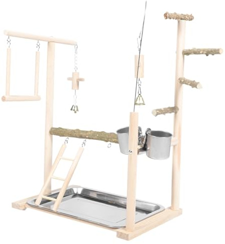 MERRYHAPY Parakeet Stand aus Natürlichem Holz Vogelspielplatz mit Futterspender und Schaukel Freistehende Vogelstange für Wellensittiche Nymphensittiche und Kleine Papageien Interaktives