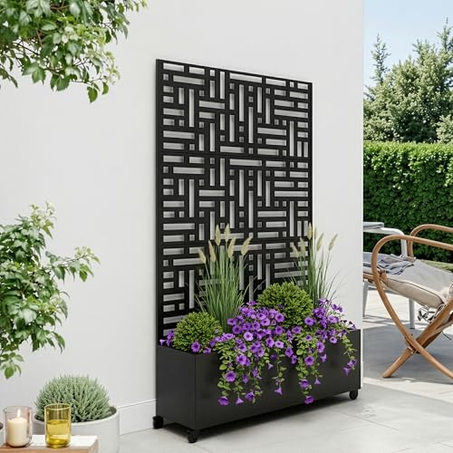 casa.pro Tabique con Jardinera Bernalda Divisor de Espacios Biombo Separador de Ambientes Exterior Interior Exponer Tus Plantas Protege del Sol Viento Acero Galvanizado 186 x 120 x 40 cm - Negro