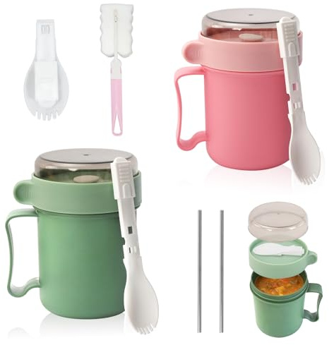 DIYJEP 2Pcs Microwave Soup Mug Lid, 500ML Overnight Jar(Green Pink) | Plastic Leak-Proof with Lid. Microwave Safe. Reusable for Soups Oat Porridge Milk Noodles