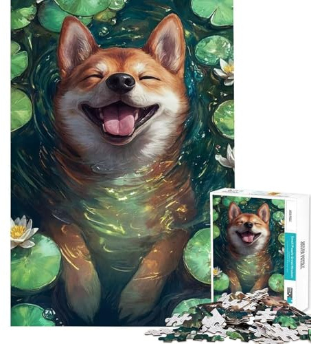 Puzzle mit 1000 Teilen für Erwachsene Lächelnder Hund in Seerosen EIN handfestes Spiel für Erwachsene das präzises Schneiden erfordert und Stress abbaut (Größe 38x26cm)