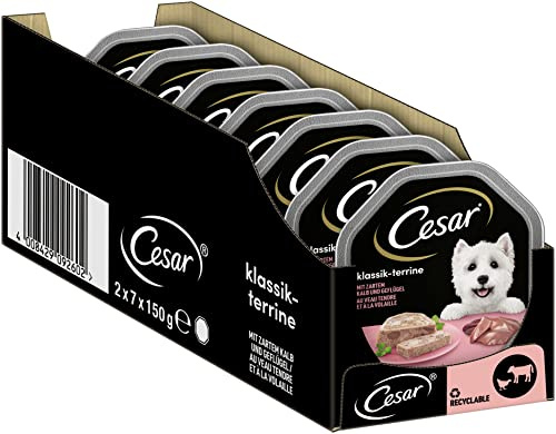 Cesar Hundefutter Nassfutter Klassiker Kalb & Geflügel, 7 er Pack, (7 x 2 Schalen x 150 g)
