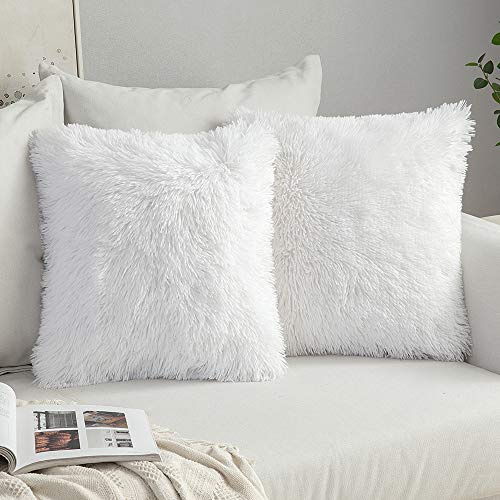 MIULEE Pack of 2 Decoration Luxury Faux Fur Throw Pillow Covers Spring Cute Deluxe Spring Decorative Plush Pillow Case Cushion Cover Shell for Sofa Bedroom Car 18x18 Inch White