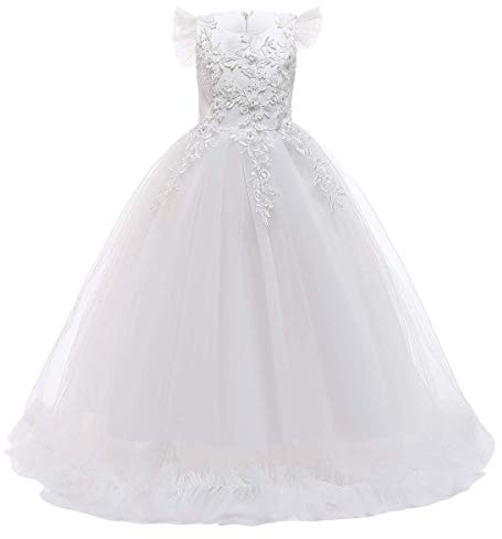 FYMNSI Vestido Largo de Fiesta para Niña Apliques de Flores Tul Tutú Princesa Formal Elegante Dama de Honor de Boda Cumpleaños Noche Bautizo Ceremonia Carnaval Ocasión Especial Blanco 7-8 Años