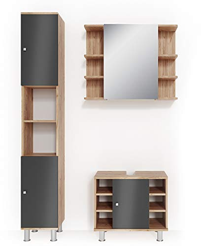 Vicco Meubles Bain Fynn, Chêne, 60 cm, composé d’Un Meuble sous-lavabo, d’Une Armoire Miroir et d’Une Colonne de Rangement