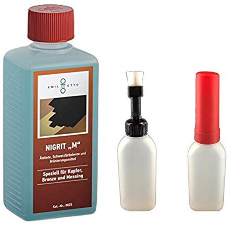 500 g Schwarzfärbe-Schnellbeize NIGRITM, zum Kaltbrünieren - Schwarzfärben und Schutz von Kupfer, Bronze und Messing + Pinselflasche mit KISI-Verschluss, 100 ml Fassungsvermögen (unbefüllt)