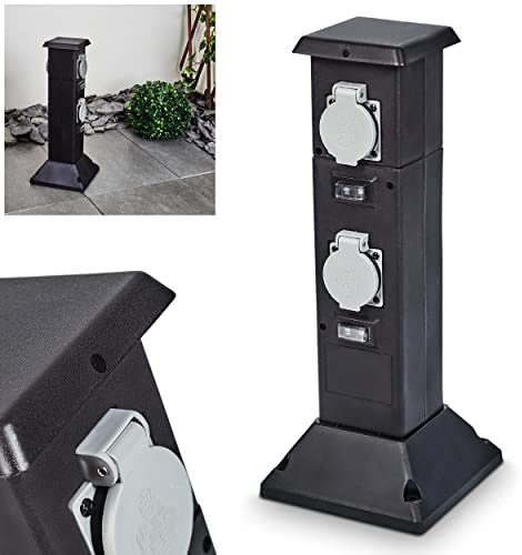 HOFSTEIN Außensteckdose Garvais, Gartensteckdose aus Kunststoff in Schwarz/Grau mit 4 Steckdosen u. Klappdeckeln zur Festinstallation, Mehrfachsteckdose für Garten, Terrasse, Außenbereich, Beet, IP 44