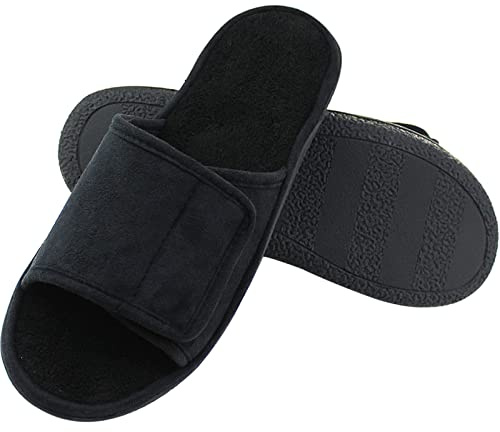 Magtoe Men's Summer Open Toe Back Slippers - Adjustable Hook Loop Closure Strap, Indoor Outdoor Slides With Memory Foam, Hot Micro Suede Home Shoes, Black L(11-12)