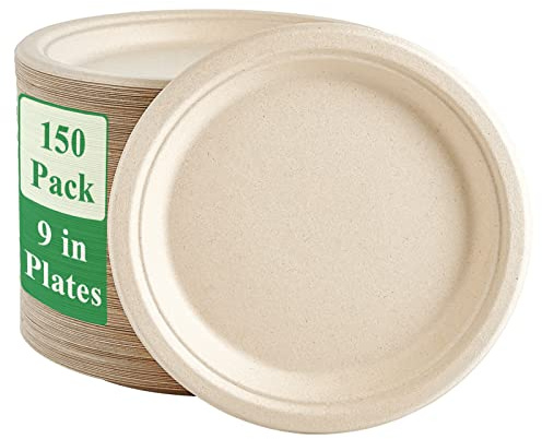 Vplus 150 Pack Paper Plates 9 inch 100% Compostable, Heavy-Duty Disposable Paper Plates Bagasse Natural Biodegradable Eco-Friendly Sugarcane