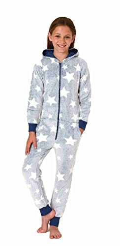 Normann Mädchen Schlafanzug Jumpsuit Overall in Sterneoptik aus kuschelig warmen Coralfleece, Farbe:blau, Größe:152