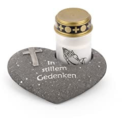 Novaliv Decorazione per tomba a forma di cuore, antracite, con scritta in lingua tedesca In stillem commemorazione, con luce a LED, colore bianco, decorazione per tomba, resistente alle intemperie,