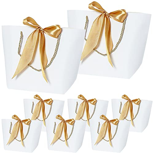 AMJKEJI 8 Stück Geschenktüte mit Schleife Weiß Geschenktüten Papier mit Henkel 28×20×10cm Geschenktüte für Hochzeit Geburtstag Halloween Weihnachten Abschlussfeier Neujahr