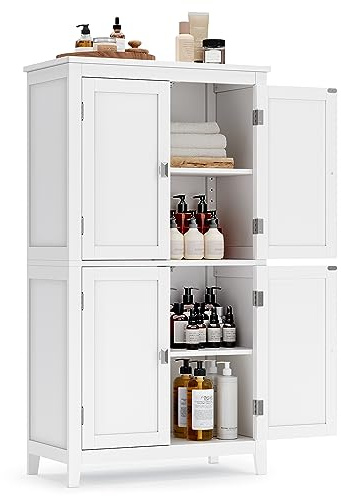 VASAGLE Floor Storage Cabinet, Freestanding Storage Unit with 4 Doors, Adjustable Shelves, 11.8 x 23.6 x 43.3 Inches, for Entryway, Bathroom, White UBBC552P31