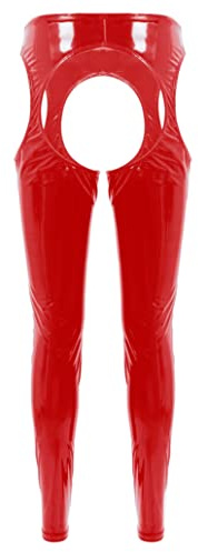 inlzdz Sexy Leggings in Pello Donna Wetlook Pantaloni con Senza Cavallo Slim Fit Pantalone Aperto Pigiama Erotico Pants con High Vita Intimo Festa Rosso S