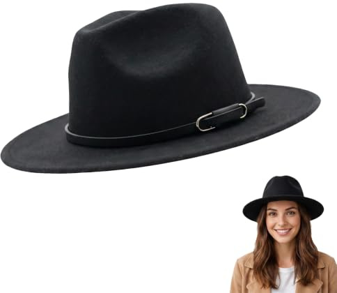 Cappello Fedora in feltro classico da donna, a tesa larga, in lana, stile Panama, con fibbia, cappello jazz (nero 56-58cm)
