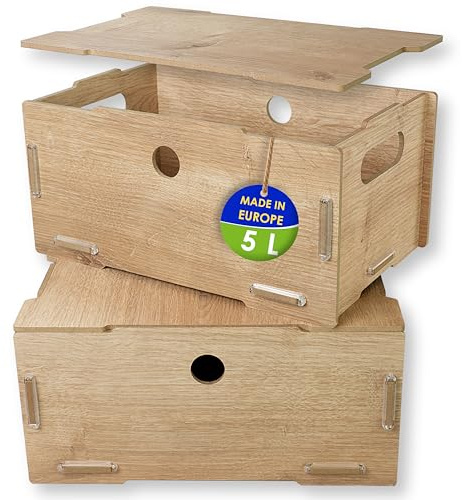 clipfritz - Set di 2 contenitori con coperchio (MDF 19x29x14) Cassetta di legno per cameretta, ufficio, camera da letto, soggiorno - contenitori universali impilabili, con maniglie - marrone naturale