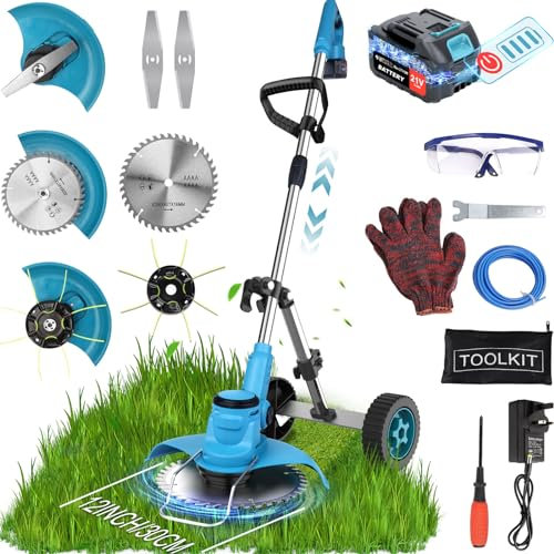 21V Akku Rasentrimmer mit 3000mAh Akku, 850W 4 in 1 Rasenmäher Elektro mit Teleskop-Stiel & Abnehmbaren Rädern, 20000RPM Freischneider mit Bürstenloser Motor für Rasenschneiden und Garten