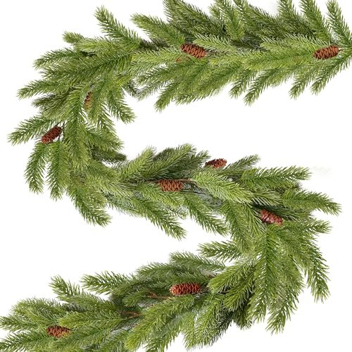 ROLLWAY Ghirlanda Natalizia Verde Lunga 185cm, Rami di Pino Artificiale Ghirlande Natale per Esterno e Interno Festone Natalizio Verde Ghirlande di Abete Natalizie Decorazioni per Porta Scale Camino