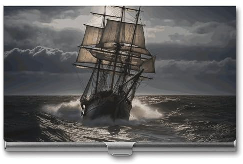 Visitenkartenetui mit Segelschiff im Sturm, schlank, tragbar, Metall, Visitenkartenetui, Visitenkarten-Organizer, Kreditkartenetui, Multi-Kartenetui für Männer und Frauen, Reisen, Büro, Silber,