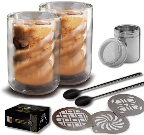 Collection by Blck & Blue® - 2er Set doppelwandige Cappuccino Latte Macchiato Gläser 280ml - Borosilikatglas, spülmaschinenfest, spiralförmig, inkl. schwarzem Löffel und Kaffeezubehör