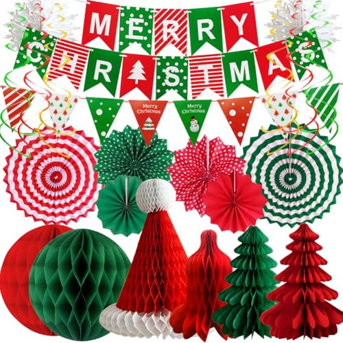 Fabuloustrim Merry Christmas Decorations Banners, 22 Piece Paper Hanging Ceiling Christmas Decorations for Indoor Party, Christmas Bunting Honeycomb for Xmas Party Decorations