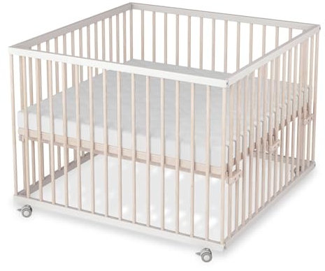 Sämann Laufstall Baby mit Matratze SleepPlus, Lattenrost und Schlupfsprossen | stufenlos höhenverstellbar | Laufgitter Premium | Babybett aus Holz | Krabbelgitter (weiß/natur, 100x100 cm)
