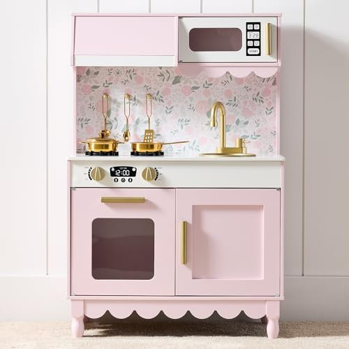Best Choice Products Kids Wooden Cottage Play Kitchen for Toddlers, Pink | Kitchen Playset includes 5 Accessories, Toy Storage, Clicking Knobs, Play Microwave & Oven with Charming Scalloped details
