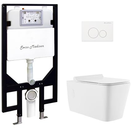 Swiss Madison Concorde Wall-Hung Toilet Bundle 0.8/1.6 GPF Dual Flush in Glossy White with White Flush Plate
