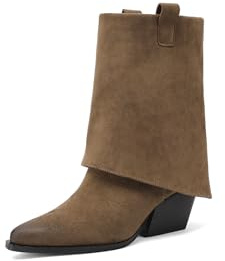 QUEEN HELENA Stivaletti Camperos a Gambale Largo Stivali Bassi a Punta Texani Donna X31-108 (Khaki, Sistema Taglie Calzature EU, Adulto, Donna, Numero, Media, 38)