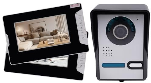 Interphone vidéo 7 Pouces avec Fonction de Vision Nocturne - Kit interphone avec Sonnette Filaire, Comprenant 1 caméra et 2 écrans, équipé d'une caméra Haute définition